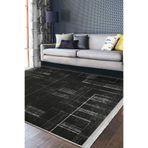 RealHomes Siyah - Beyaz Zeminde Siyah Motifli Kilim Desenli Sade & Şık Klasik Kaymaz Taban Saçaklı Halı HaliDik-Deluxe-11868, 100 x 100