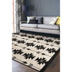 RealHomes Siyah - Krem Zeminde Kilim Motifli Geometrik Desenli Geometrik Sade & Şık Salon Kaymaz Saçaklı Halı HaliDik-Deluxe-12078, 80 x 400