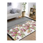 RealHomes Siyah - Pembe Zeminde Çiçek Motifli Geometrik Desenli Floral Geometrik Kaymaz Taban Saçaklı Halı HaliDik-Deluxe-12288, 60 x 120