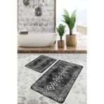 Realhomes Siyah Zemin Üzerine Etnik Beyaz Geometrik Desenli Kaymaz Taban Yıkanabilir 2'Li Banyo Paspas Seti