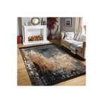 RealHomes Siyah Zeminde Eskitme Motifli Duvar Desenli Eskitme Motifli Salon Kaymaz Taban Saçaklı Halı HaliDik-Deluxe-11329, 150 x 200