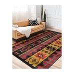 RealHomes Siyah Zeminde Geometrik Motifli Kilim Desenli Etnik Motifler Vintage Salon Kaymaz Taban Saçaklı Halı HaliDik-Deluxe-12085, 100 x 200