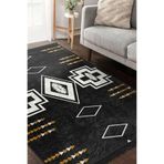 RealHomes Siyah Zeminde Kilim Motifli Geometrik Desenli Vintage Geometrik Salon & Oturma Odası Saçaklı Halı HaliDik-Deluxe-12073, 100 x 120