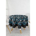 RealHomes Siyah Zeminde Mavi Boncuklu Mandala Yuvarlak Masa Örtüsü - Çap 140cm, MasaYuv-5130-140x140cm