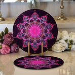 RealHomes Siyah Zeminde Pembe Neon Mandala Desenli Modern 2 1 Yuvarlak Servis Altlığı Supla