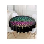 RealHomes Siyah Zeminde Pembe Yeşil Mandala Motifli Yuvarlak Masa Örtüsü - Çap 140cm, MasaYuv-5144-140x140cm