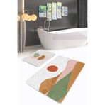 Realhomes Sulu Soyut Desenli Yeşil Kahverengi 2'li Kaymaz Taban Yıkanabilir Banyo Paspas Seti