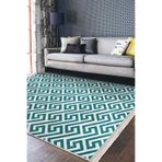 RealHomes Turkuaz Zeminde Geometrik Motifli Mozaik Desenli Geometrik Klasik Ofis Kaymaz Taban Saçaklı Halı HaliDik-Deluxe-12200, 150 x 200