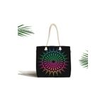 RealHomes Unisex Siyah Zeminde Pembe Yeşil Mandala Motifli Fermuarlı Plaj Çantası, Canta-5144