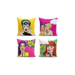 RealHomes YER-3284 Mavi Zemini Popart Girl Desenli Dekoratif 70x70 cm Yer Minderi