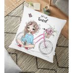 RealHomes YER-3465 Lets Go Travel Bisikletli Kız Tasarımlı Dekoratif 70x70 cm Yer Minderi