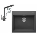 Realstone Didyma 60 Granit Eviye Ve Abant Üç Yollu Arıtma Çıkışlı Batarya Seti - 600X530 Mm - Antrasit