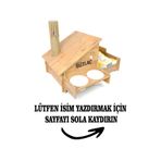 RealWood Ahşap Kedi Evi - Mama Kabı-Özel Isim Baskılı-Meşe Mdf- Beyaz Seramik Kase 2*400ml- Tırmalama Çubuklu