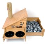 RealWood Ahşap Özel isimli Seramik Kaseli Tırmalama Çubuklu Açık Kapalı Kedi ve Köpek Evi 4 In 1 - Siyah