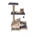 Realwood Çok Amaçlı Katlı Kedi Evi-İsim Baskılı-Ahşap Mdf-Tırmalama Çubuklu-Gri Minder-Çelik Kase-2*350