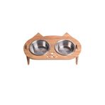 RealWood Kedi Su Ve Mama Kabı Standı - Ahşap Mdf - Eğimli Kedi Kafa Modeli - Çelik Kase - 2*350ml