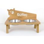 RealWood Özel İsim Baskılı Ahşap Çelik Kaseli Kedi-Köpek Mama ve Su Kabı Stantı/Beyaz-2*350 ml. - Kahverengi