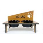 RealWood Suya Dayanıklı Ahşap, Seramik Kaseli, Özel İsim Baskılı Kedi-Köpek Mama ve Su Kabı Stantı Teak Rengi/Siyah kase-2*400 ml. - Ceviz Rengi