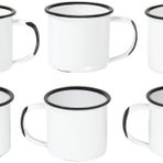 Red Co. 6'lı Set Emaye Metal Küçük Klasik 141 ml Yuvarlak Kahve ve Çay Kupası Kulplu, Eskitilmiş Beyaz/Siyah Kenarlı