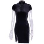 REDBMX Çin Tarzı Moda Cheongsam Retro Qipao Elbise Modern Seksi Mini Elbise Kadın Kısa Sıkı Elbiseler Bölünmüş, Siyah, S