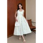 REELMODA KADIN SARI GENİŞ ASKILI PREMİUM KALİTE BELİ PİLELİ DESENLİ ŞIK ELBİSE