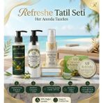 Refreshe %100 Doğal Tatil Seti|organik Şampuan, Doğal Güneş Kremi, Sinek Kovan Mum, Hanımeli Vücut Losyonu, Çay Ağacı Kabak Lifli Sabun|dermatit Kepek Karşıtı,nemlendirici,peeling, Mantar Önleyici