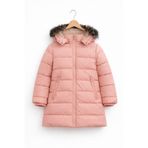 REGOS Kız Çocuk Pembe Şişme Mont Kapüşonlu Kürklü Kışlık Uzun Model