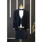 Regular Fit Düz Kumaş Şal Yaka (Yaka Çıkmalı) Papyonlu Yelekli Smokin Takım Elbise LACİVERT 56-6 Drop