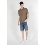 Regular Fit Shirt Neck Baskılı Erkek Bej Kısa Kol Gömlek