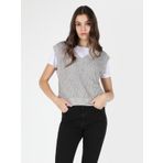 Regular Fit V Yaka Gri Kadın Süveter Kazak