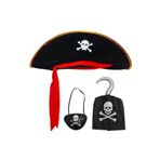 ReilaParty Kaptan Jack Sparrow Kadife Şapka - Kanca - Göz Maskesi 3'lü Korsan Kostüm Seti Çocuk Boy