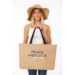 REKHOME Peace And Love Baskılı Hasır Renkli Naturel Jüt Alışveriş, Piknik, Omuz, Deniz Plaj Çantası 56x40x8