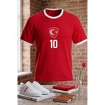 rekorsport Milli Takım Türkiye Baskılı Kırmızı Beyaz-Siyah Tişört - 10 Numara Göğüs Logolu Sırtı Türkiye Yazılı Spor T-Shirt