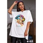 Relax family xf Kadın Beyaz Oversize T-shirt Dudak Baskı