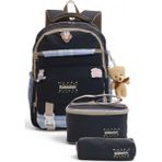 Relaxion 2144-1396 Kore Tarzı Unisex Çocuk Üçlü Set Ilkokul Sırt Çantası - NKT02144-SIYAH-MOR-TEKEBAT - Siyah - Mor