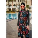 Remsa Mayo Kadın Tam Kapalı Tesettür Mayosu, Neon Desenli, Siyah, XL Beden R4402 Neon