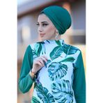 Remsa Mayo Kadın Yeşil Kombin Çapraz Bone, Tesettür Mayosu, Uzun Kollu, Çiçekli Desen Yeşil Kombin Çapraz Bone