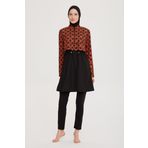 Remsa Paraşüt Önü Kapaklı Desenli Tam Kapalı Tesettür Mayo Paraşüt Kumaşı, Kapaklı Tunik Üst, Bel Ayarlı Stoper ve Desenli Şıklık R047 Retro (Siyah, XL)