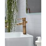 Rena Design Bambu Model Rustik Antik Lavabo Bataryası Banyo Musluğu Eskitme Lavabo Armatür Otantik Bakır Görünüm Altın