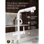 Rena Design Beyaz Arıtmalı Spiralli 2 Modlu Başlık L Boru Mutfak Evye Bataryası Prinç Armatür Musluk