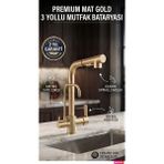 Rena Design Mat Gold Arıtmalı Spiralli 2 Modlu Başlık L Boru Mutfak Evye Bataryası Altın Prinç Armatür Musluk