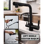 Rena Design Siyah Aritmali Spiralli 2 Modlu Başlik L Boru Mutfak Evye Bataryasi Prinç Armatür Musluk Siyah