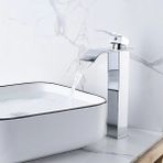 Rena Krom Kare Çanak Lavabo Bataryası Oval Şelale Model Uzun/yüksek Gümüş Gri Lavabo Musluğu Çift Girişli