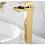 Rena Mat Gold Kare Çanak Lavabo Bataryası Şelale Model Uzun Yüksek Altın Lavabo Musluğu Çift Girişli Armatür