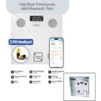 Renas Store Beyaz Yağ Ölçer Akilli Bluetooth Cam Baskül Pilli 180KG/50GR 26X26CM 8-Kişi Hafiza LCD Ekran ℃ Göst