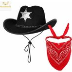 Renas Store Üreticiniz Çocuk Kovboy Şapka Rozetli Siyah &amp; Kırmızı Bandana Seti