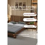 Renazzo Mobilya Alaz Dikey Çizgili Başlıklı Masif Doğal Ahşap Karyola Ve 2 Adet Komodin Seti Ceviz