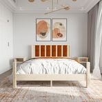 Renazzo Mobilya Orion Model Kiremit Renk Puflu Başlıklı Doğal Çam Ahşap Karyola Ve İki Komodin Set 120x200 cm