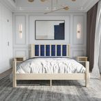 Renazzo Mobilya Orion Model Lacivert Renk Puflu Başlıklı Doğal Çam Ahşap Karyola Ve İki Komodin Set 120x200 cm