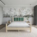 Renazzo Mobilya Orion Model Zümrüt Yeşili Puflu Başlıklı Doğal Çam Ahşap Karyola Ve İki Komodin Set 120x200 cm
